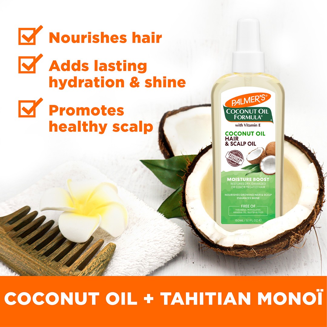 Coconut Oil Hair & Scalp Oil in half coconut with benefits.