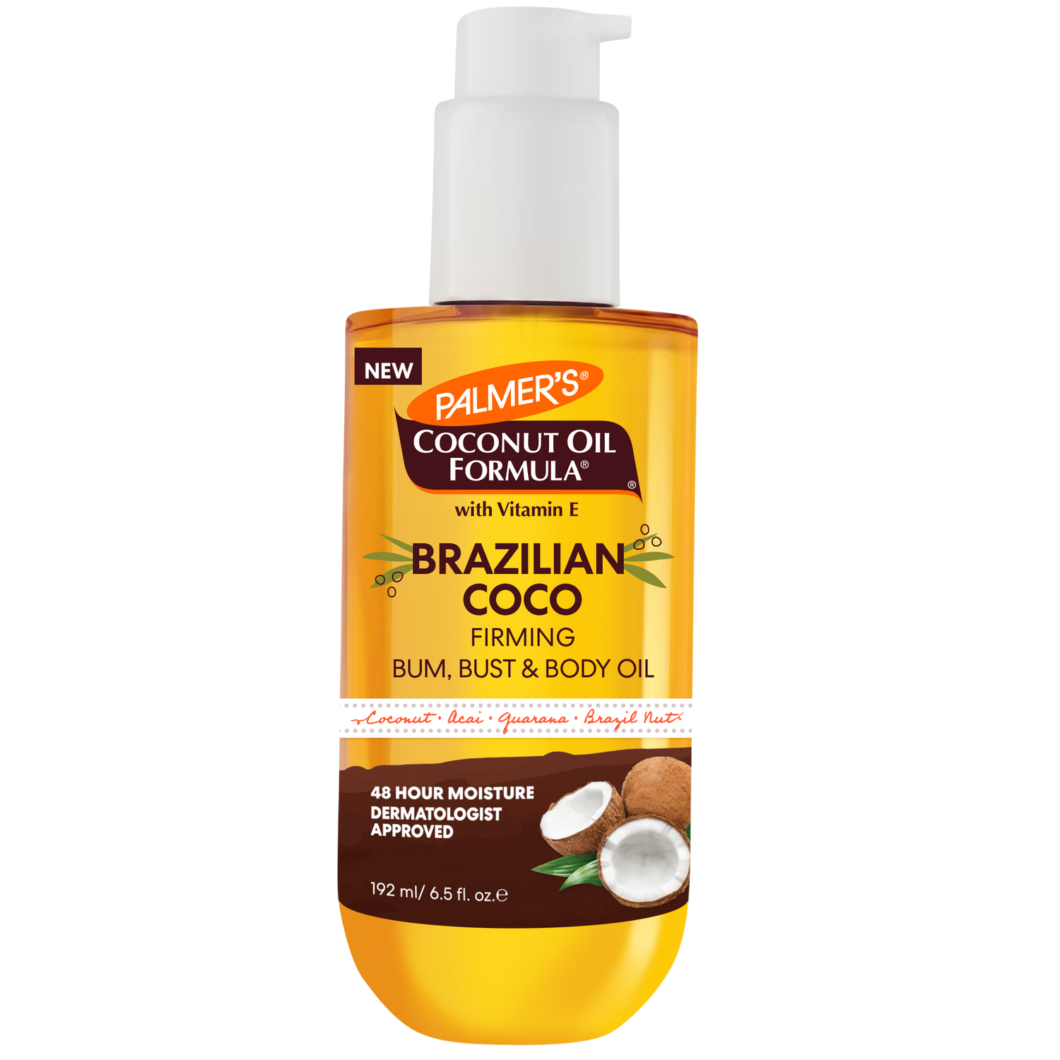 Palmer's Coconut Oil Formula Brazilian Coco Firming Bum, Bust & Body Oil bottle on a white background