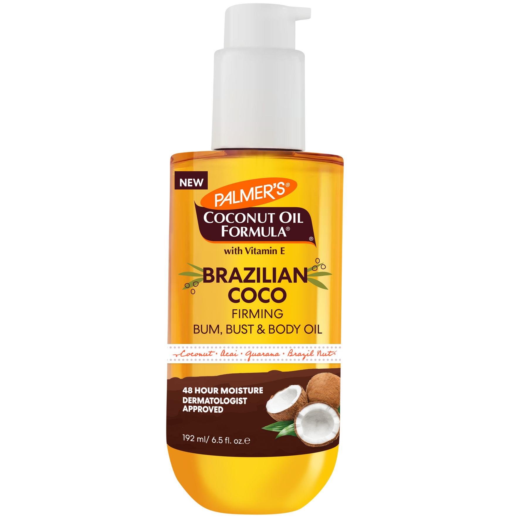 Palmer's Coconut Oil Formula Brazilian Coco Firming Bum, Bust & Body Oil bottle on a white background