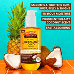Palmer's Coconut Oil Formula Brazilian Coco oil bottle with coconut and pineapple on a colorful background