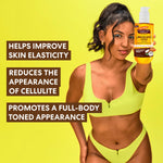 Woman holding a bottle of coconut oil with text on a yellow background