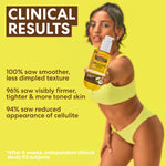 Woman holding a bottle of Brazilian Gold lotion with clinical results text on a yellow background