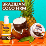 Palmer's Brazilian Coco Firm skincare products with a pineapple and coconut on a colorful background