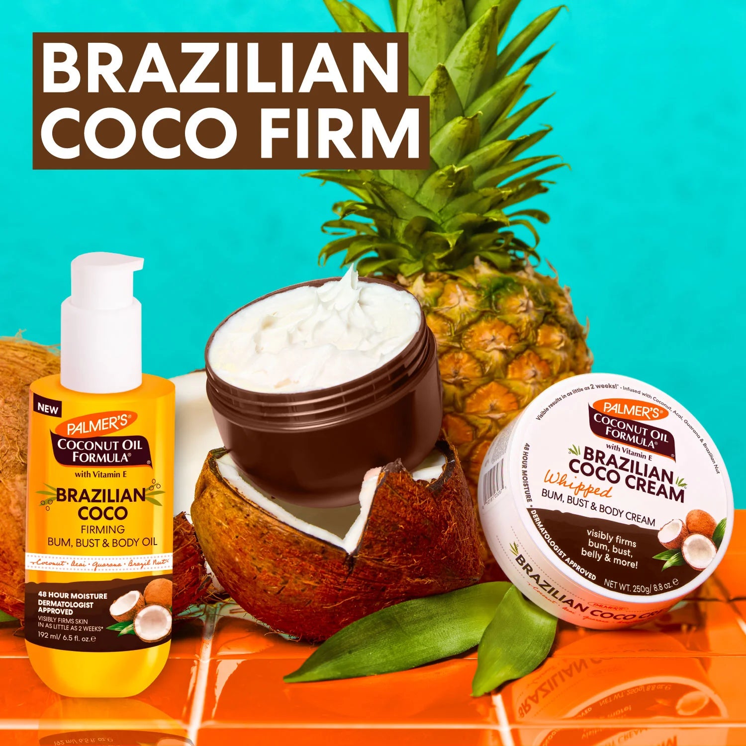 Palmer's Brazilian Coco Firm skincare products with a pineapple and coconut on a colorful background