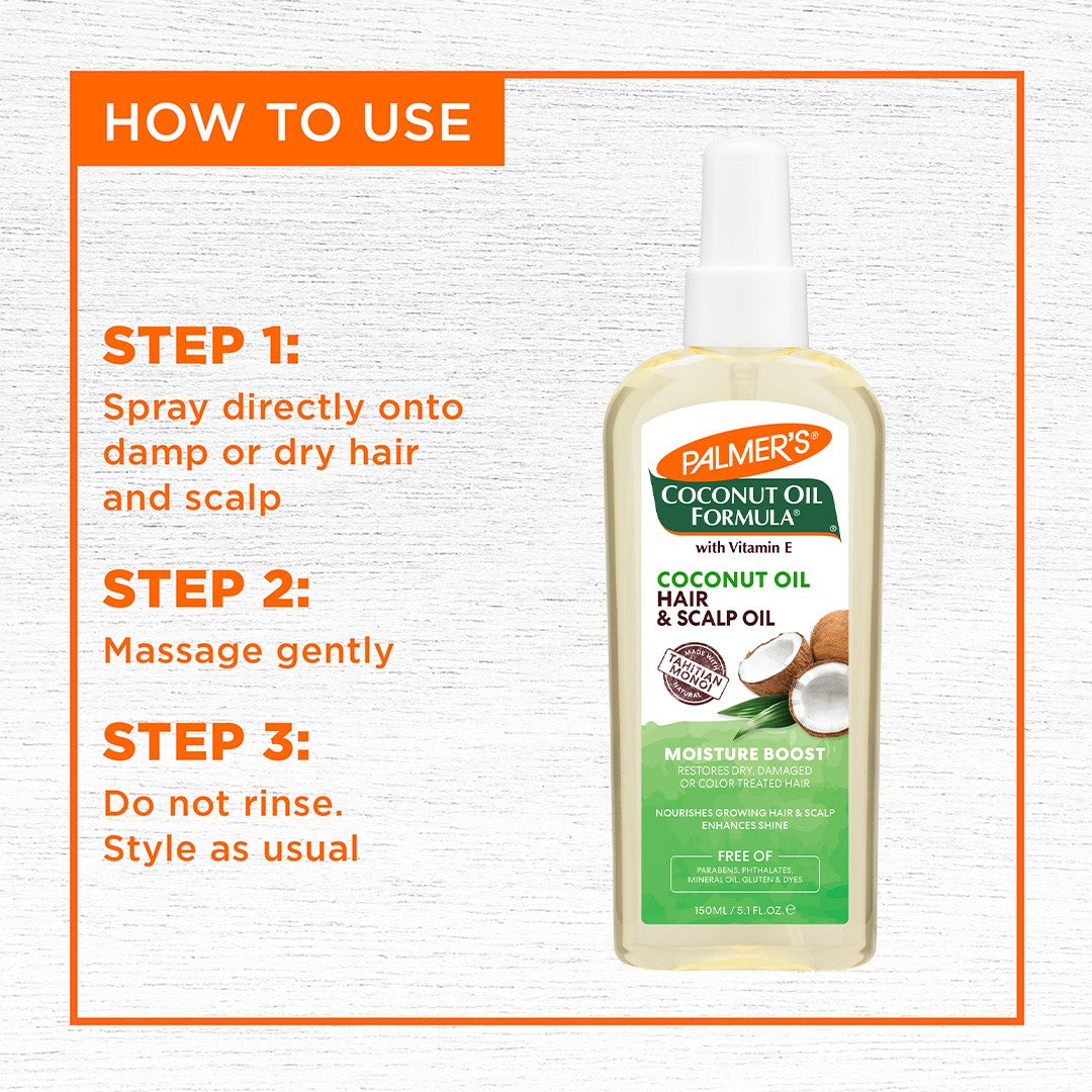 Guide for using Palmer’s Coconut Oil Hair & Scalp Oil.