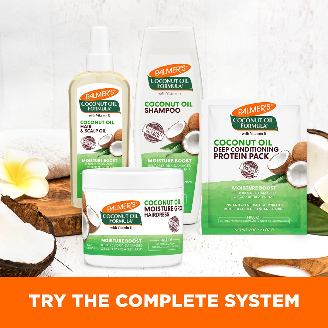 Palmer's Coconut Oil Hair & Scalp Oil with tropical accents.