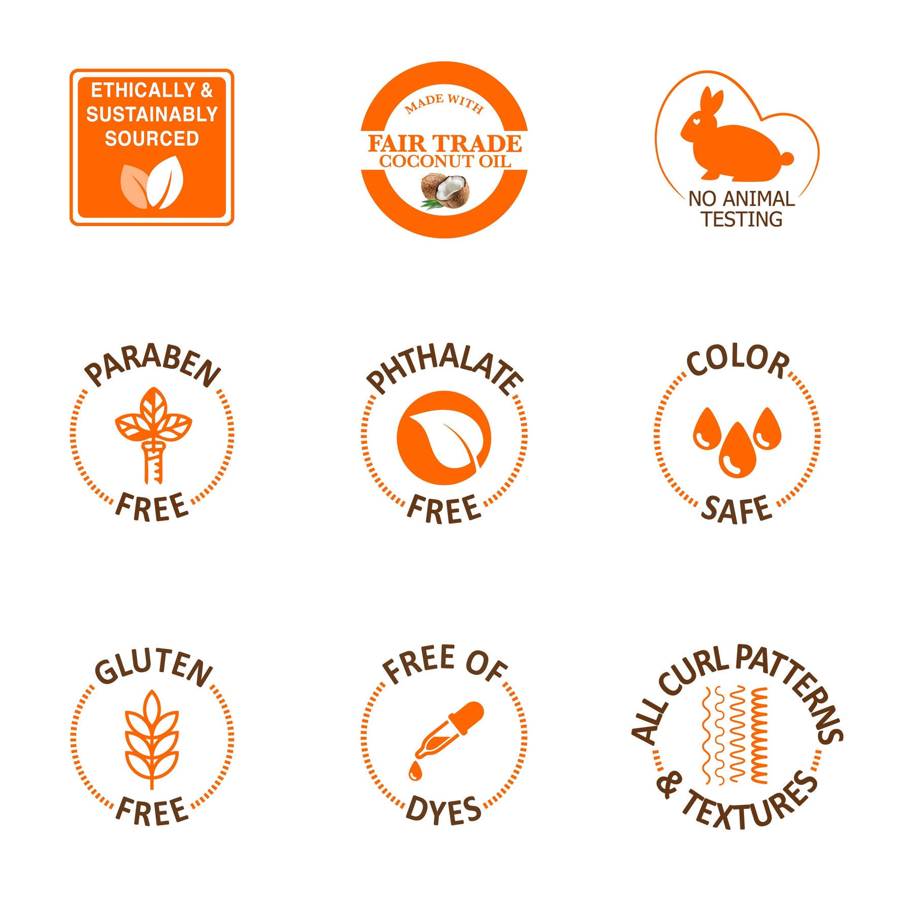 Coconut Oil Hair & Scalp Oil's ethical and ingredient badges.