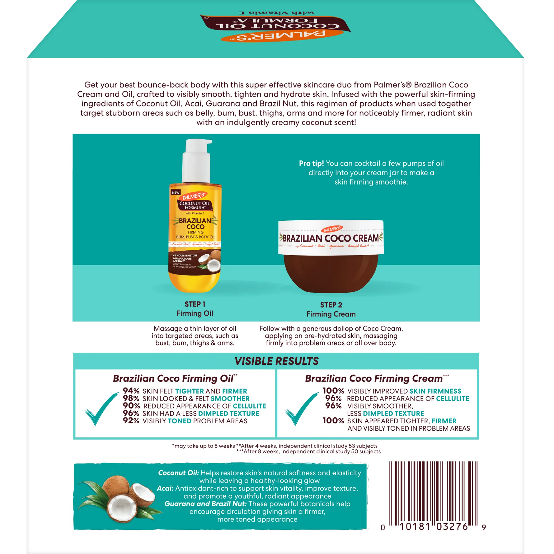 Product packaging for Palmer's Brazilian Coco Cream and Firming Oil with step-by-step instructions and visible results.