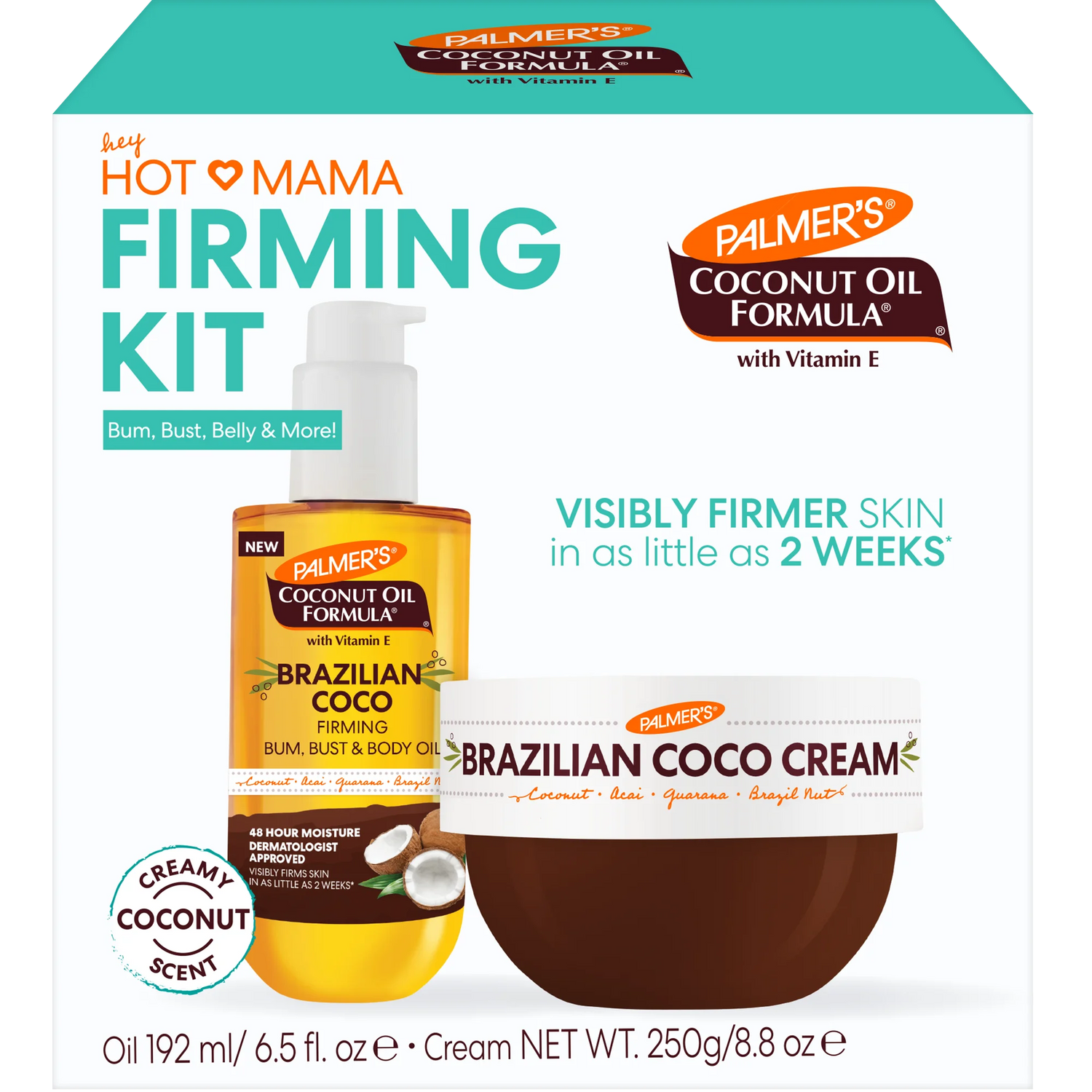 Palmer's Hot Mama Firming Kit packaging with coconut oil and cream.