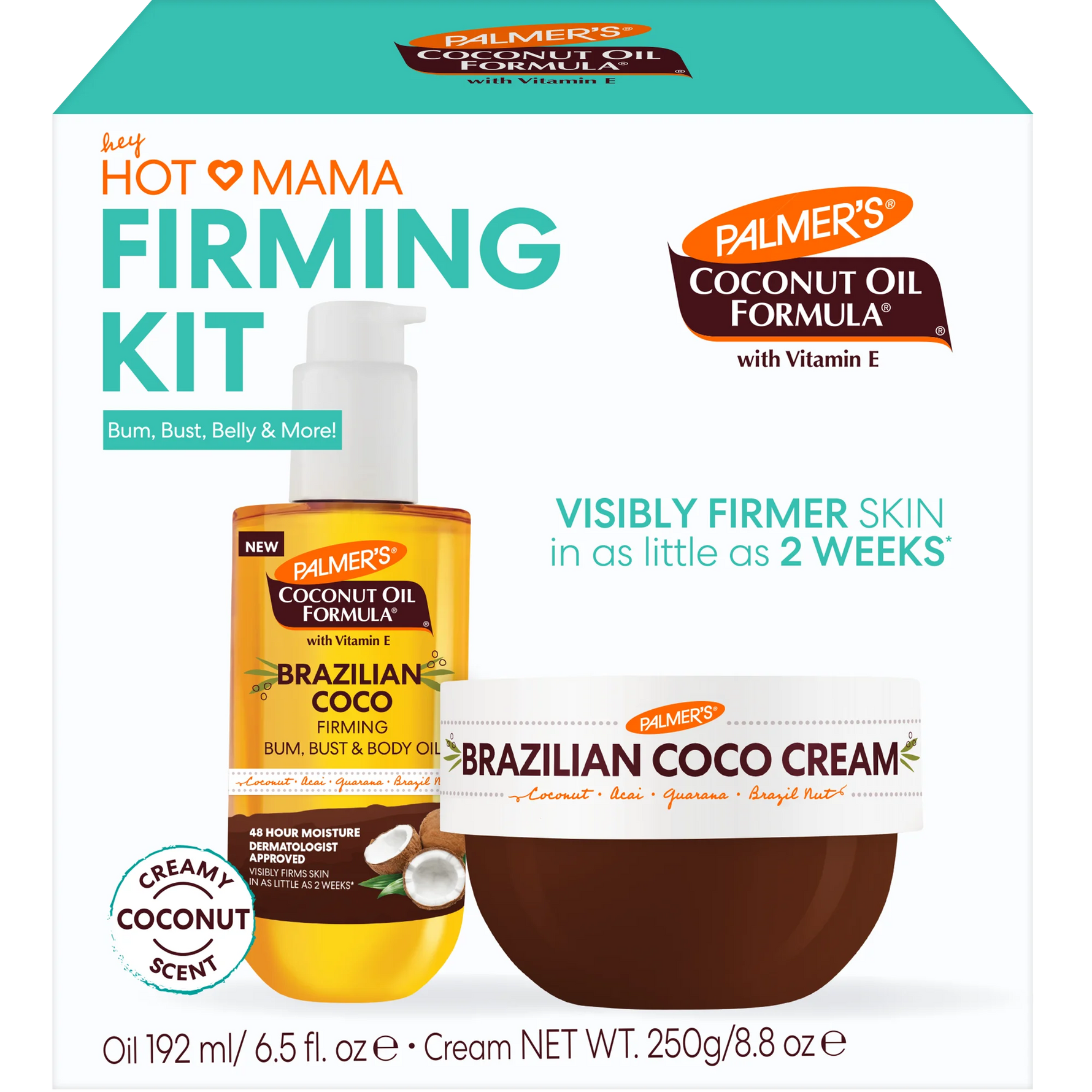 Palmer's Hot Mama Firming Kit packaging with coconut oil and cream.