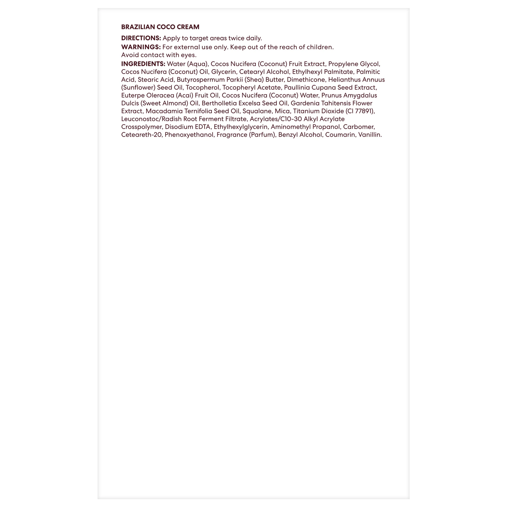 Product label for Brazilian Coco Cream with directions and ingredients listed.