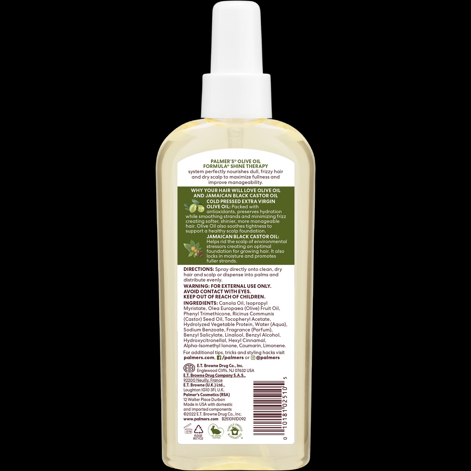 Palmer’s Olive Oil Hair & Scalp Oil back label detailing ingredients.