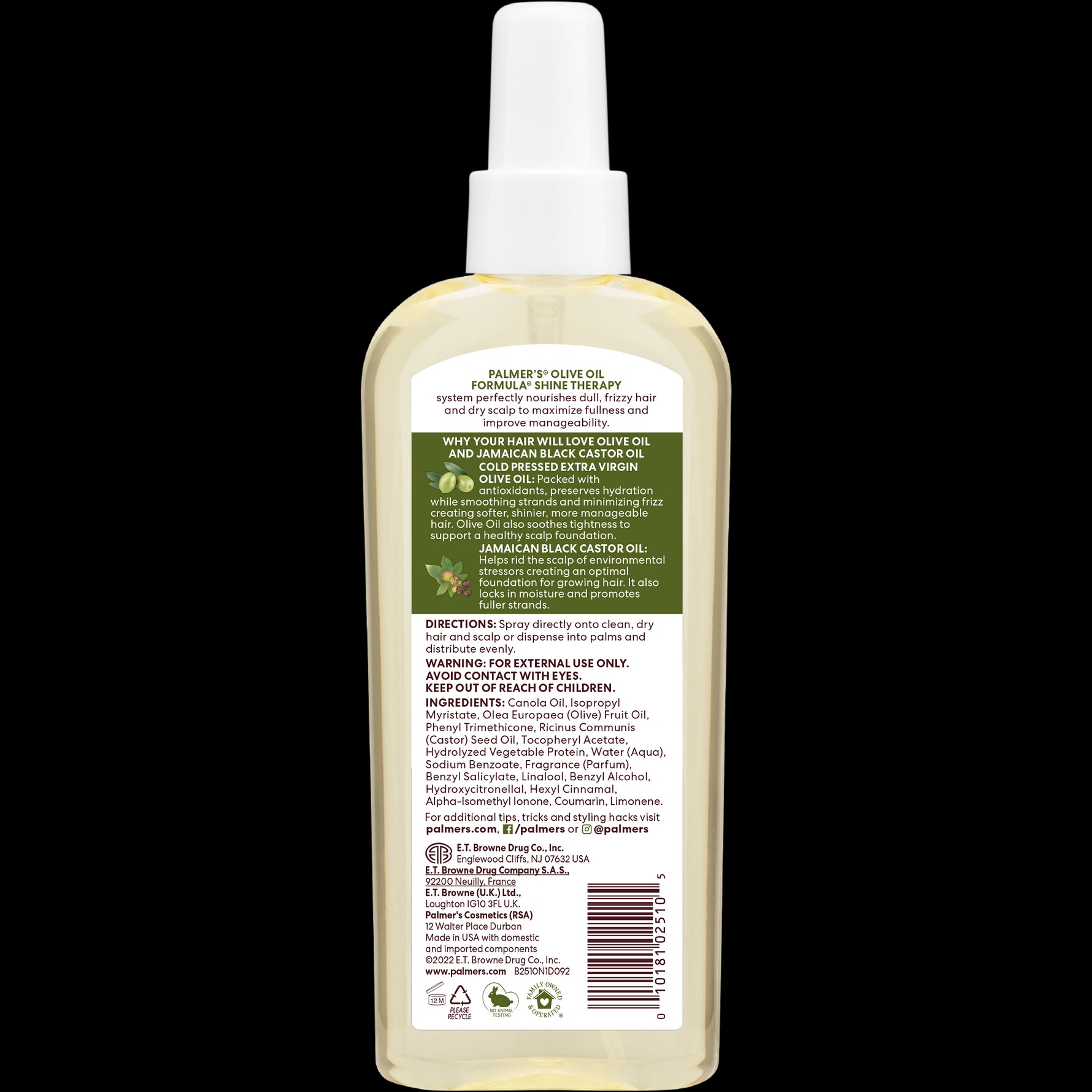 Palmer’s Olive Oil Hair & Scalp Oil back label detailing ingredients.