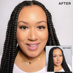 Woman with enhanced lashes, showcasing Olive Oil Hair & Scalp Oil.