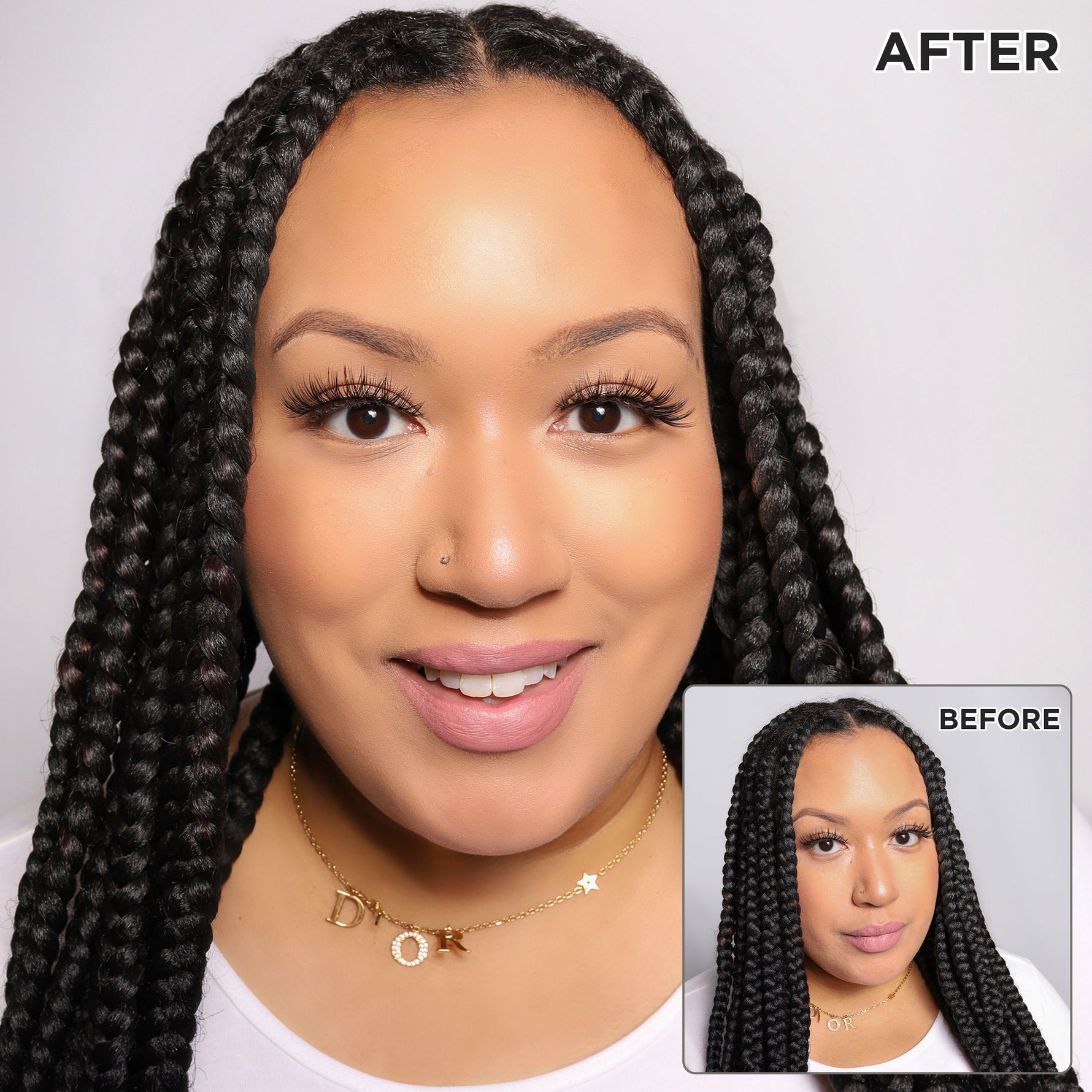 Woman with enhanced lashes, showcasing Olive Oil Hair & Scalp Oil.