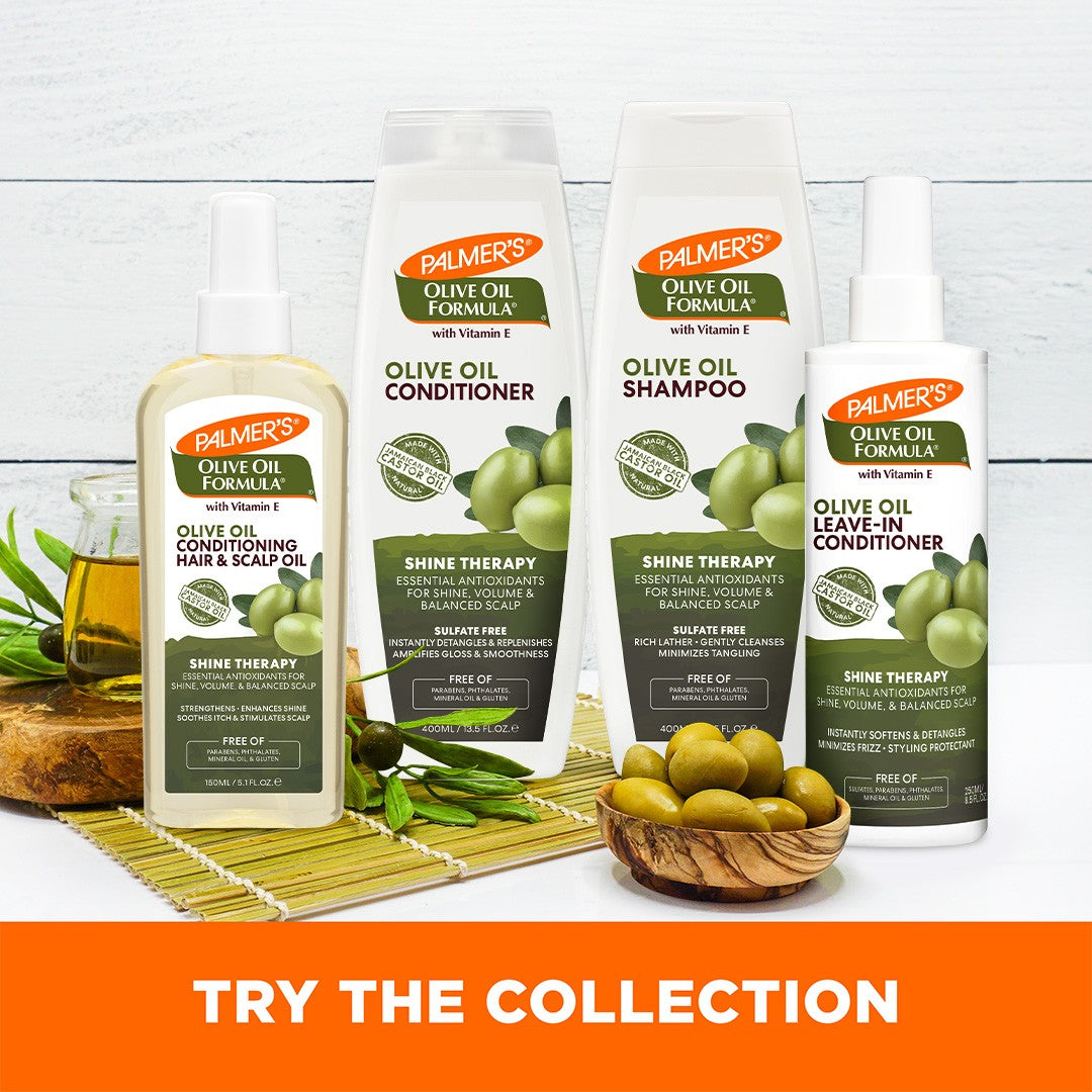 Palmer’s Olive Oil Hair & Scalp Oil with olive accents displayed.