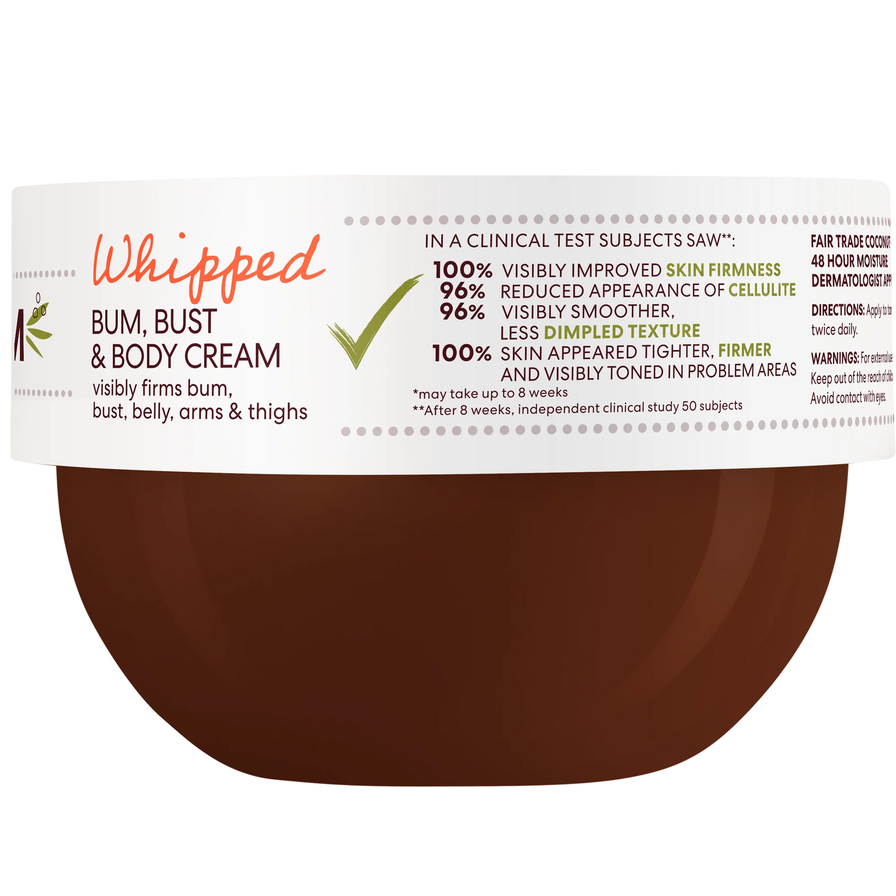 Whipped bum, bust, and body cream container with white label on a white background