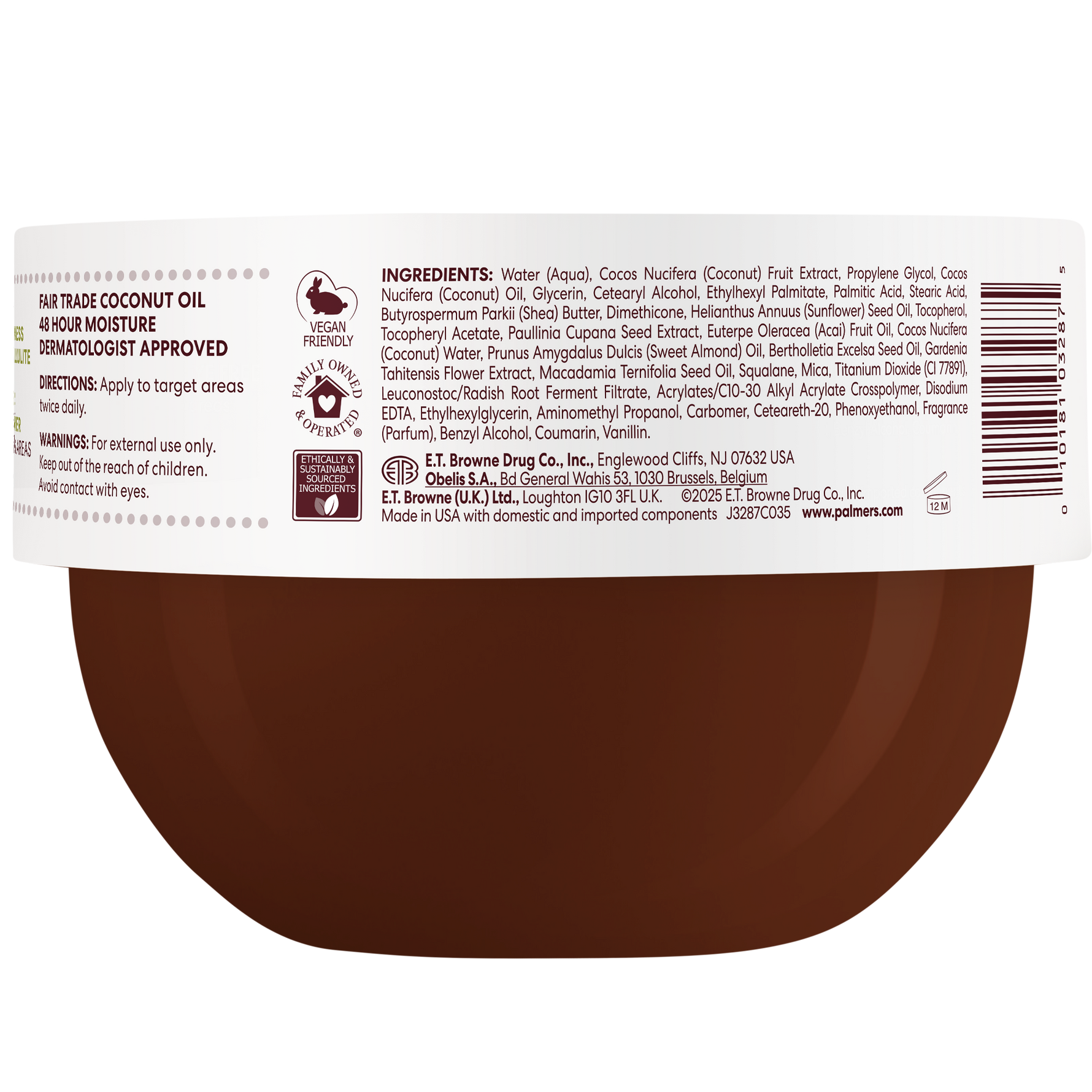 Back view of a brown container with a white label containing text and logos.