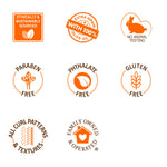 Olive Oil Hair & Scalp Oil badges: ethical, virgin, cruelty-free, paraben-free.