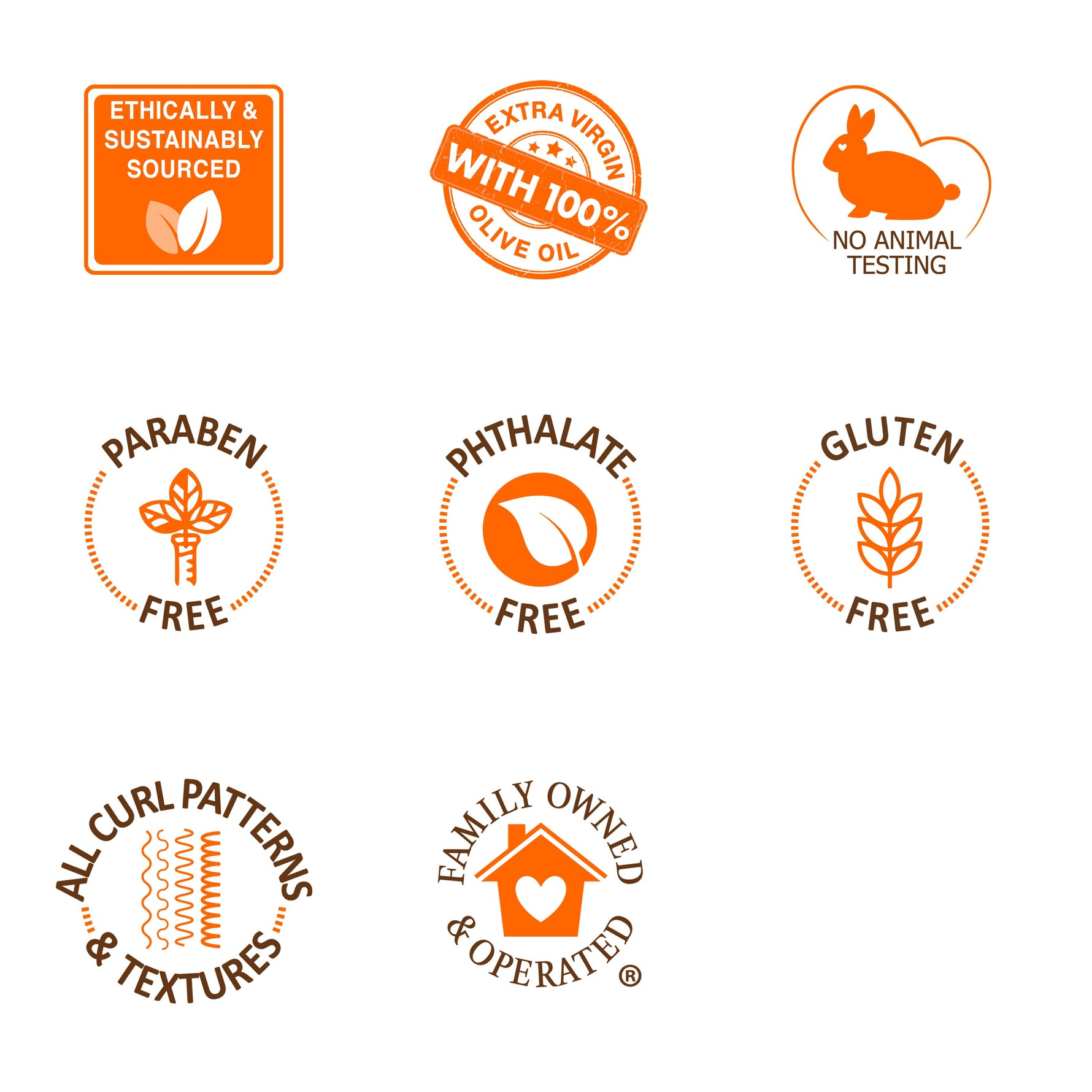 Olive Oil Hair & Scalp Oil badges: ethical, virgin, cruelty-free, paraben-free.