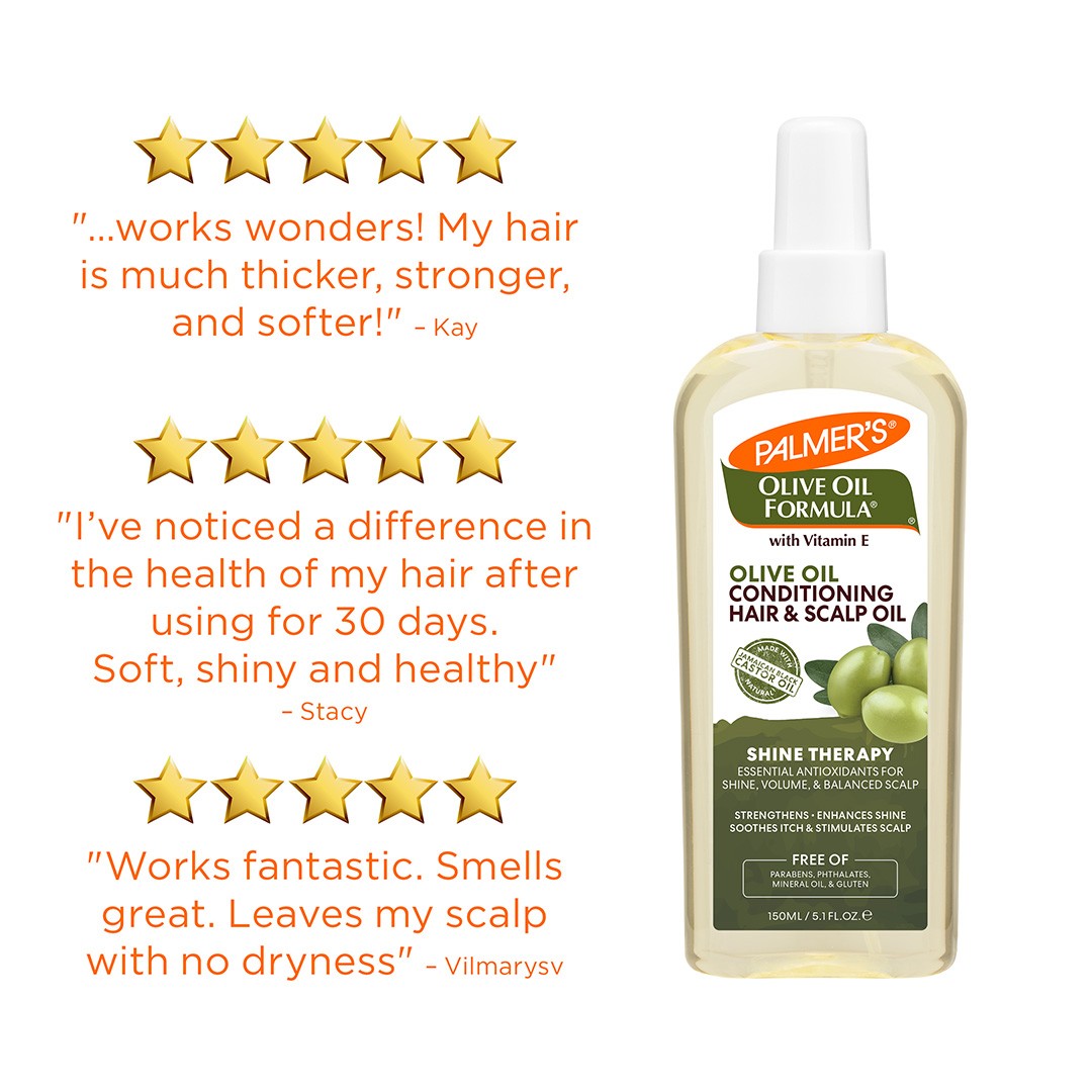 Palmer’s Olive Oil Hair & Scalp Oil with five-star testimonials.