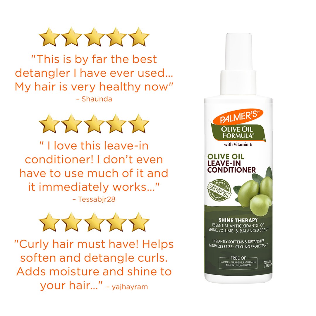 Olive Oil Leave-In Conditioner with reviews shown beside the bottle.