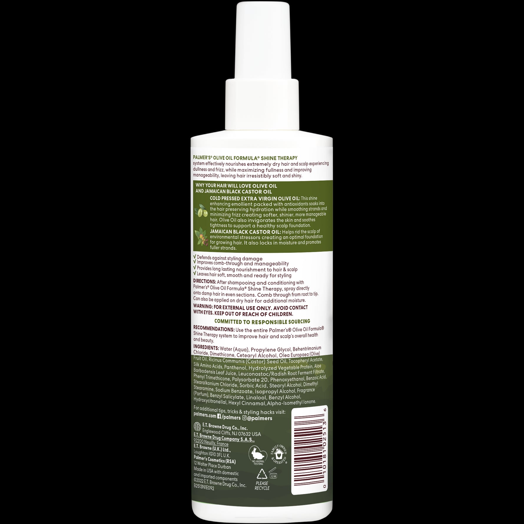 Palmer’s Olive Oil Leave-In Conditioner back label with ingredients.