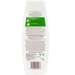 Back view of a shampoo bottle with text and branding on a white background