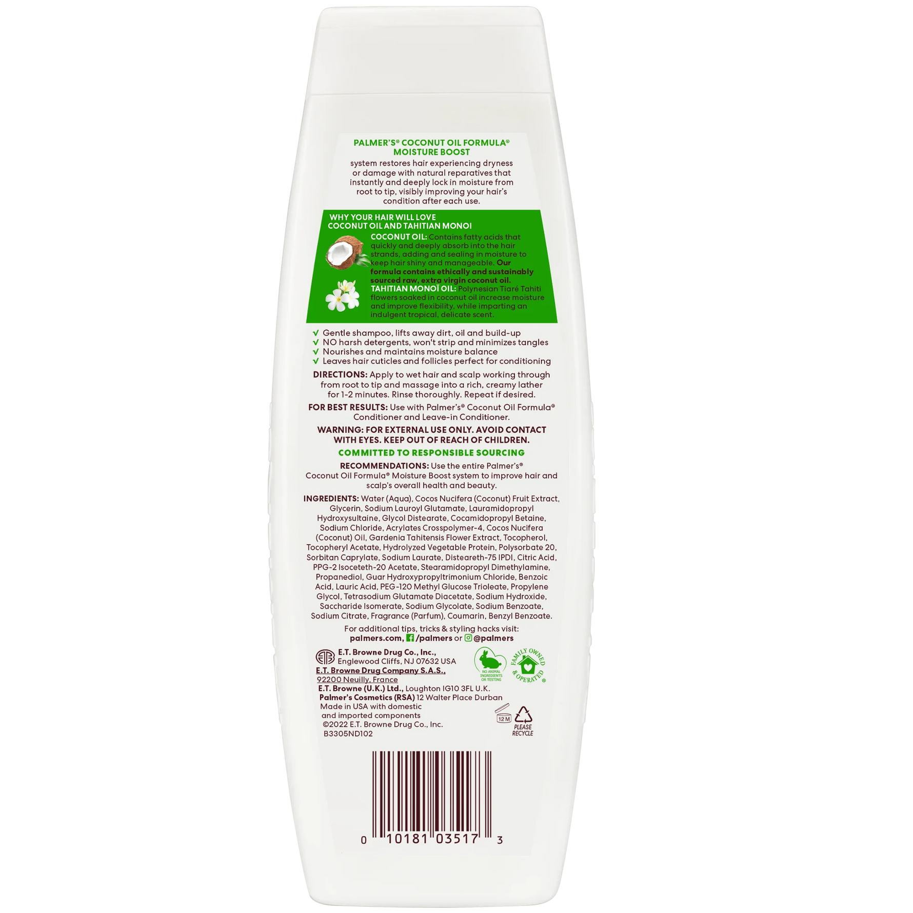 Back view of a shampoo bottle with text and branding on a white background