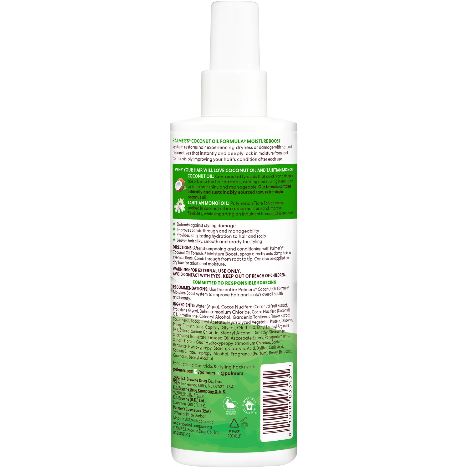 Back view of a green bottle with text and a barcode on a white background