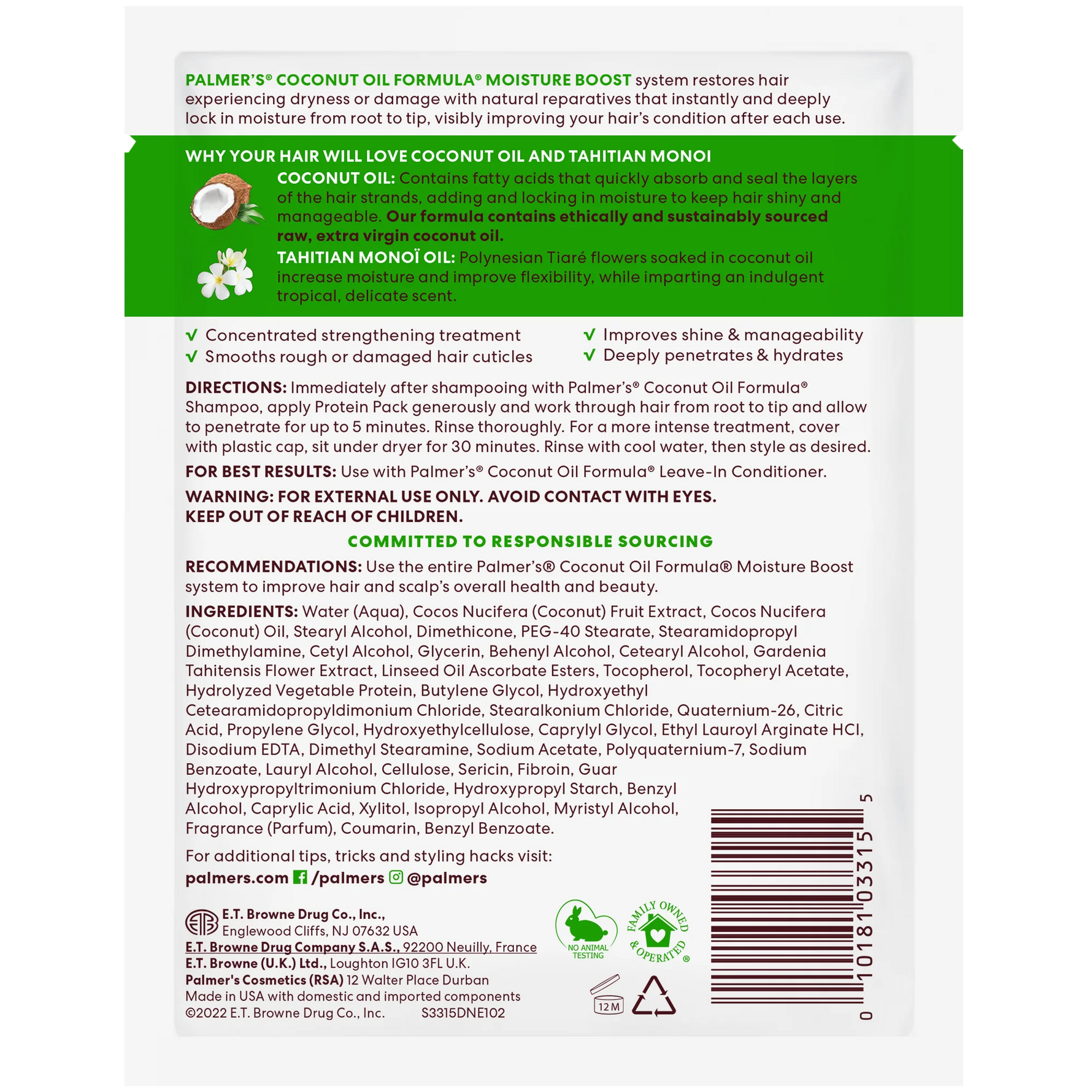Back of a Palmer's Coconut Oil Formula product packaging with text and green accents.