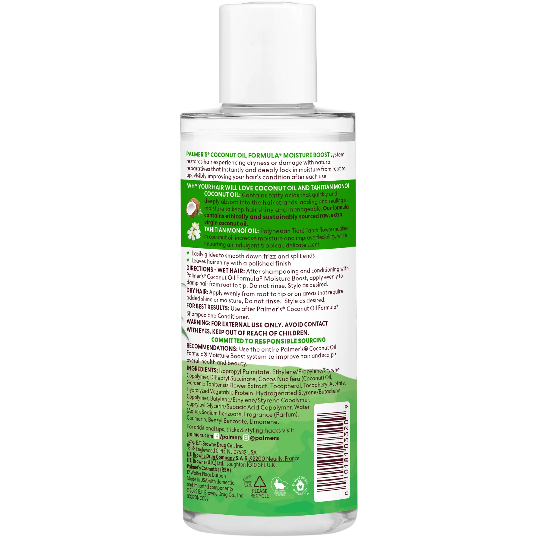 Back label of a Palmer's Coconut Oil Formula bottle on a white background