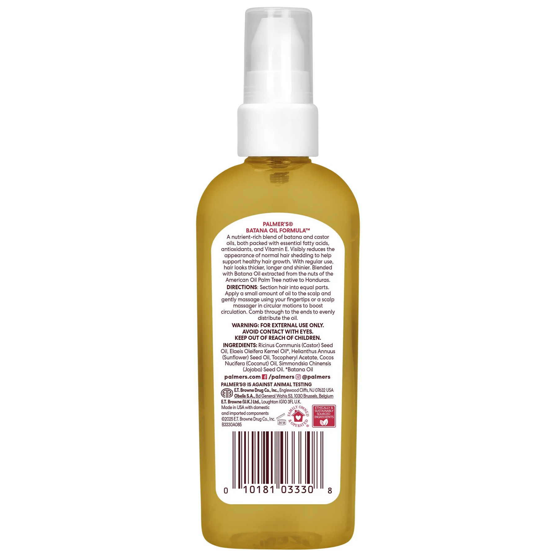 Back view of Palmer's Batana Oil Treatment Oil bottle with a white cap on a white background