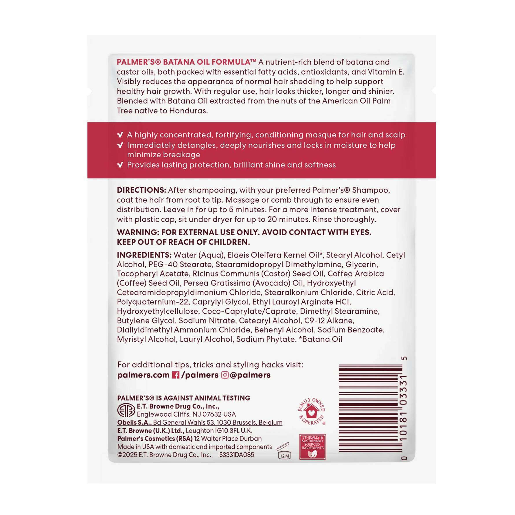 Back of a Palmer's Batana Oil Pro Gro Pack with text and ingredients list on a white background