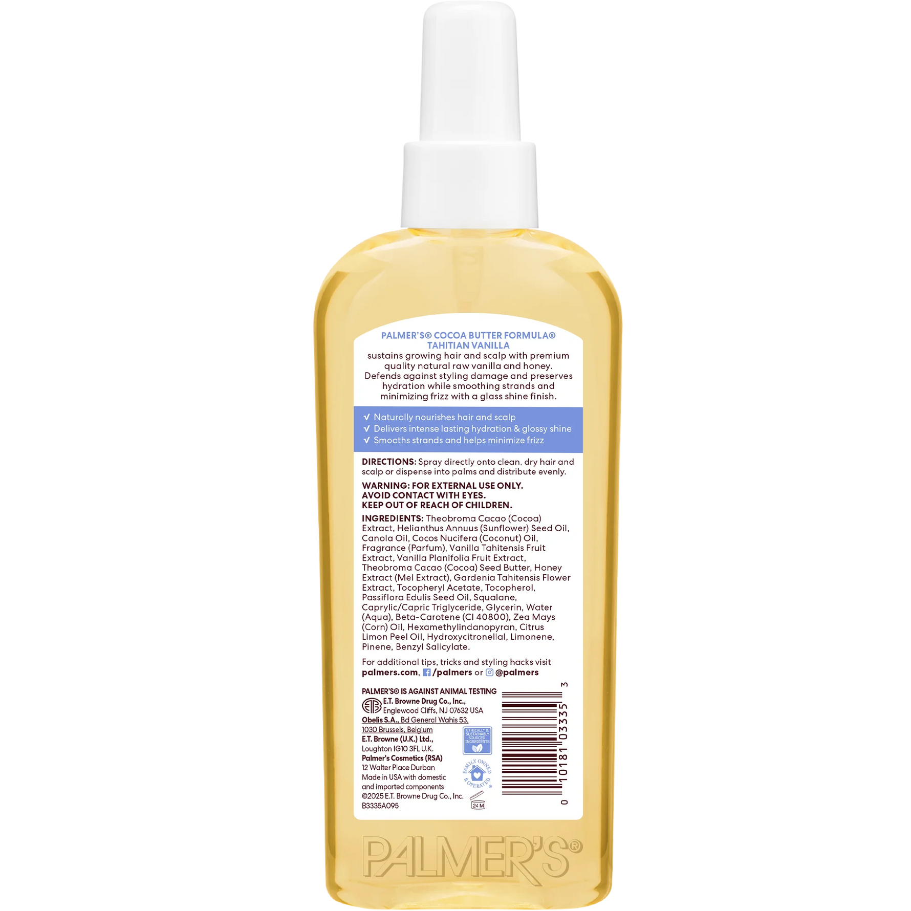 Back of bottle of Palmer's Cocoa Butter Formula Tahitian Vanilla Hair & Scalp Oil with label on a white background