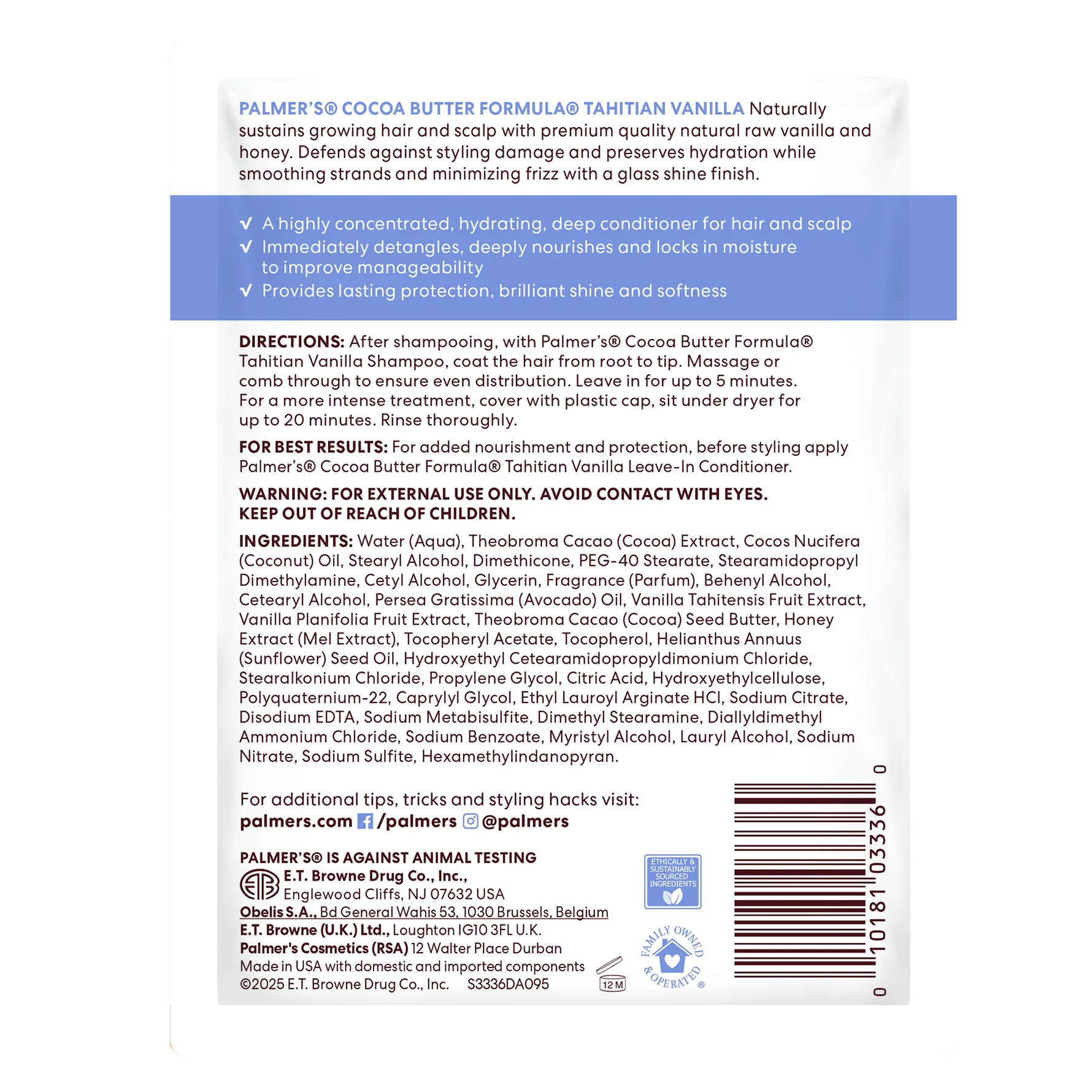 Back of a Palmer's Tahitian Vanilla Hydra-Gloss Pack with text and ingredients listed on a white background