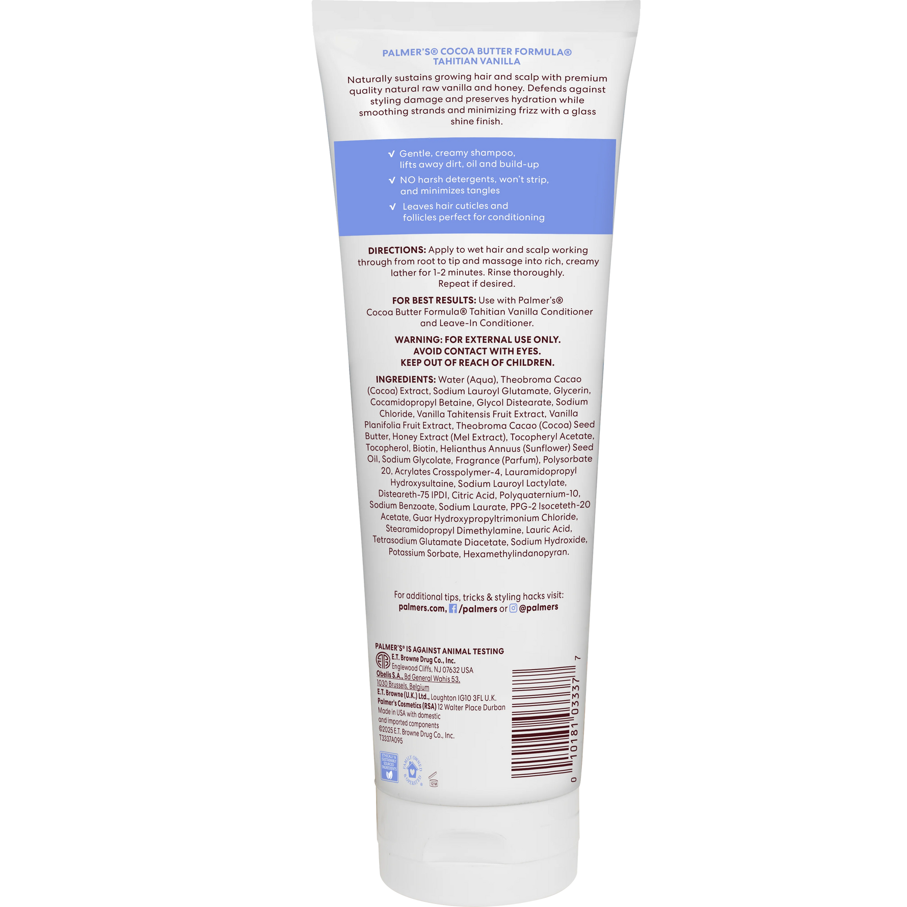 Back view of a tube of Palmer's Tahitian Vanilla shampoo with text and ingredients listed on a white background
