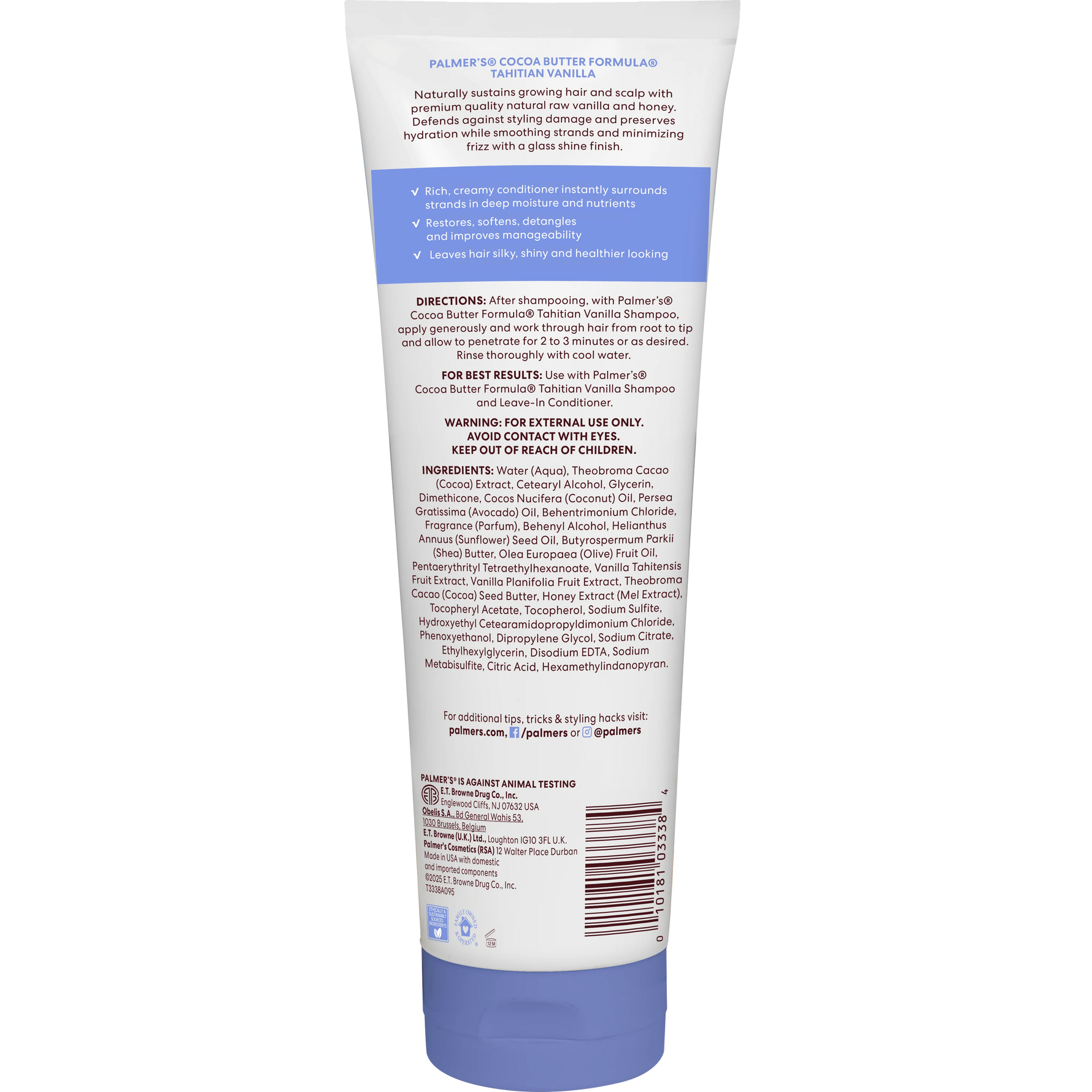 Back view of a Palmer's Tahitian Vanilla Conditioner tube with text and branding on a white background