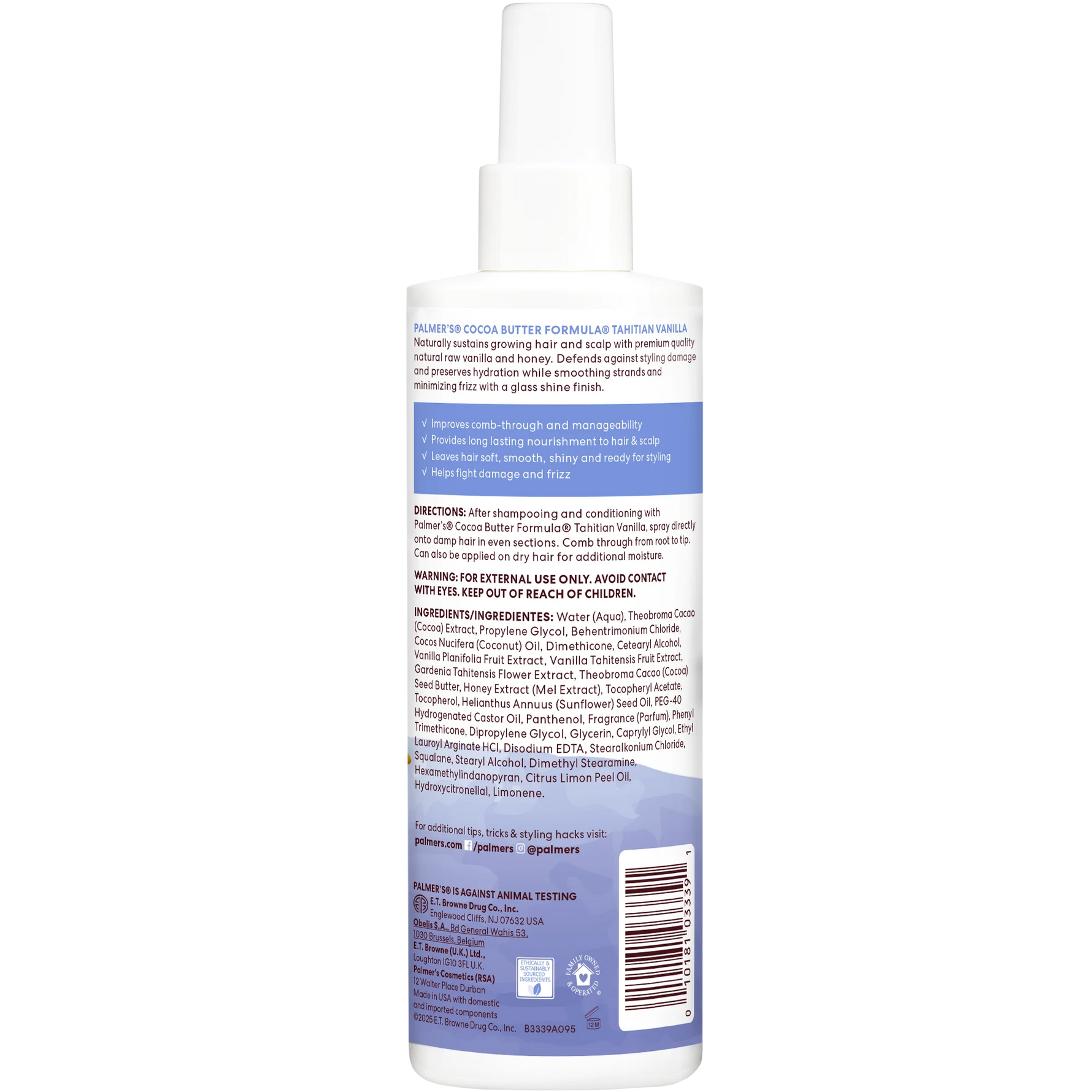 Back label of a Palmer's Tahitian Vanilla Leave-In Conditioner bottle with text and a barcode on a white background