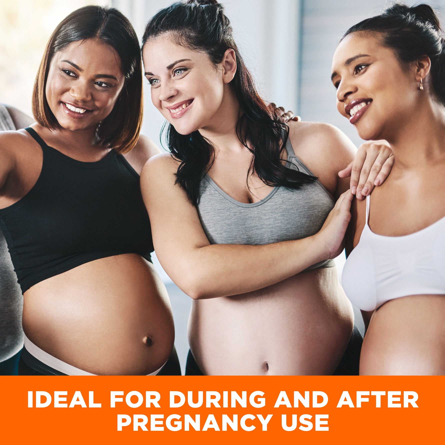 Pregnant women showcasing Complete Pregnancy Stretch Mark Care Kit.