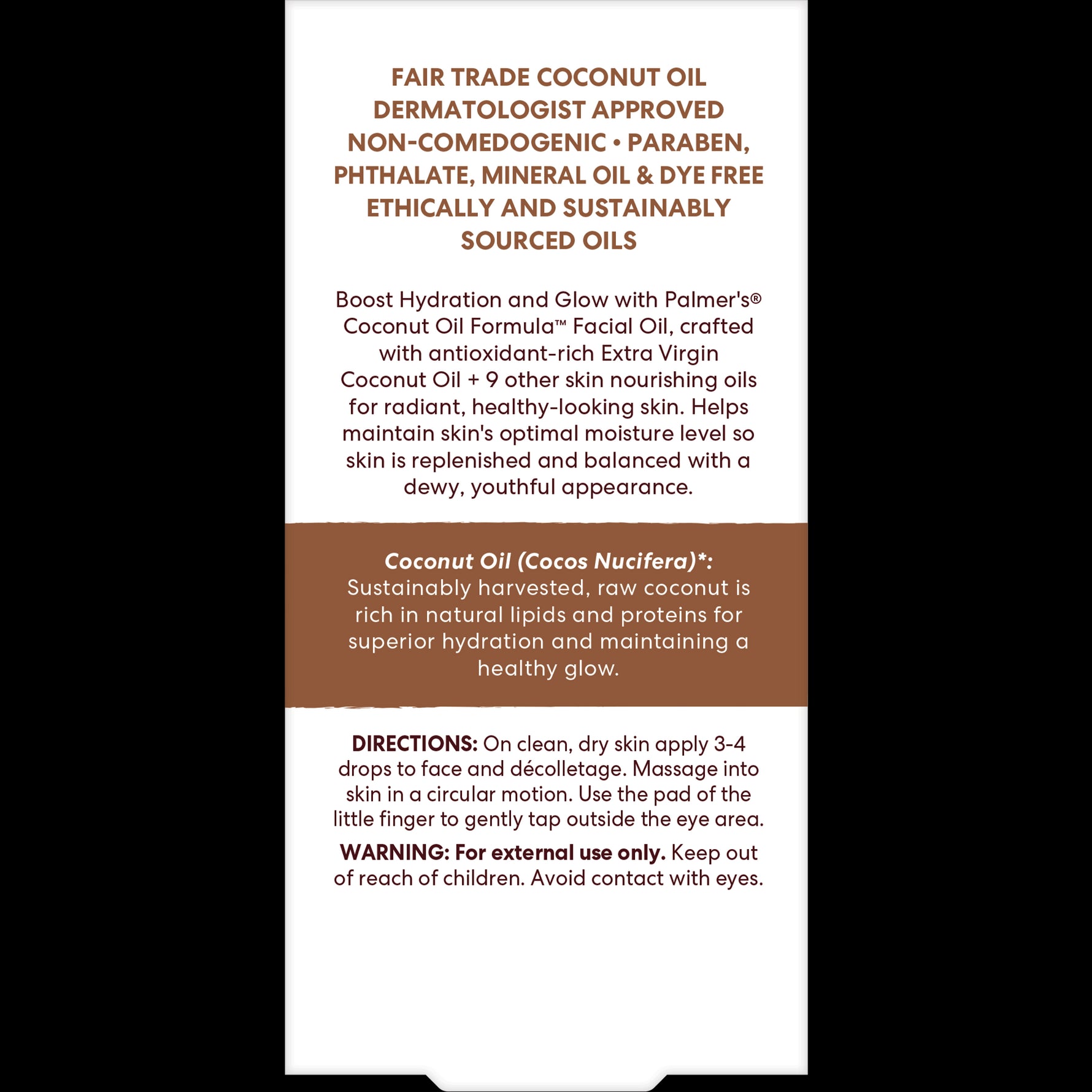 Palmer’s Coconut Hydrate Facial Oil bottle with usage directions.