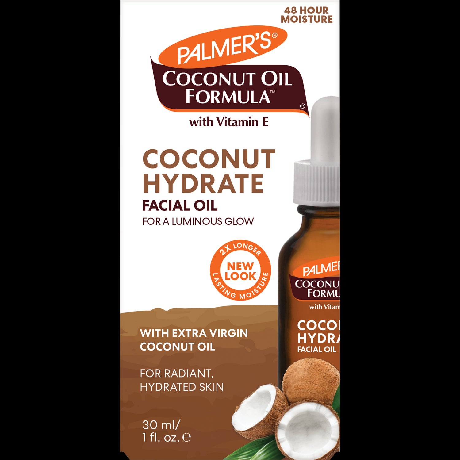 Palmer’s Coconut Hydrate Facial Oil with dropper bottle and coconuts.