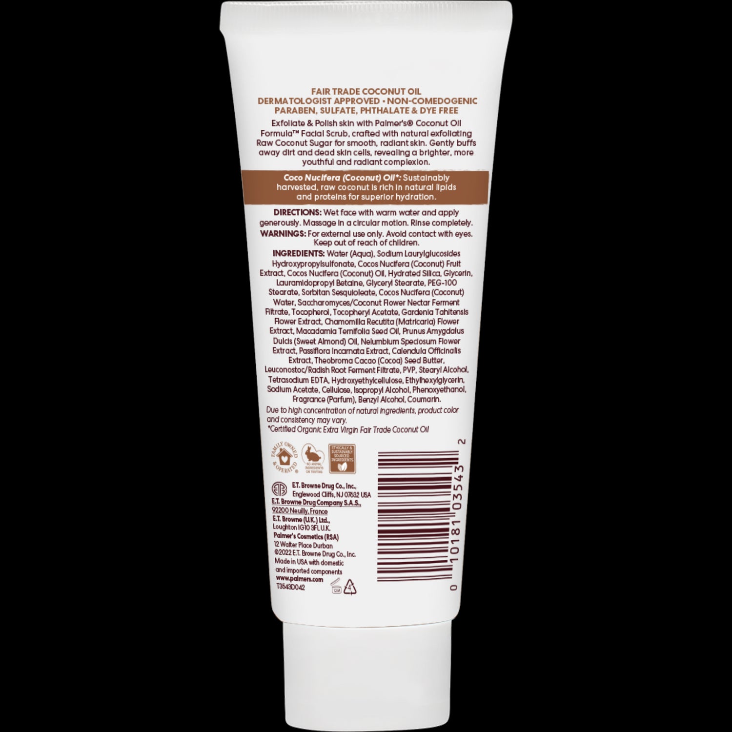 Back of Palmer’s Coconut Sugar Facial Scrub tube with product details visible.