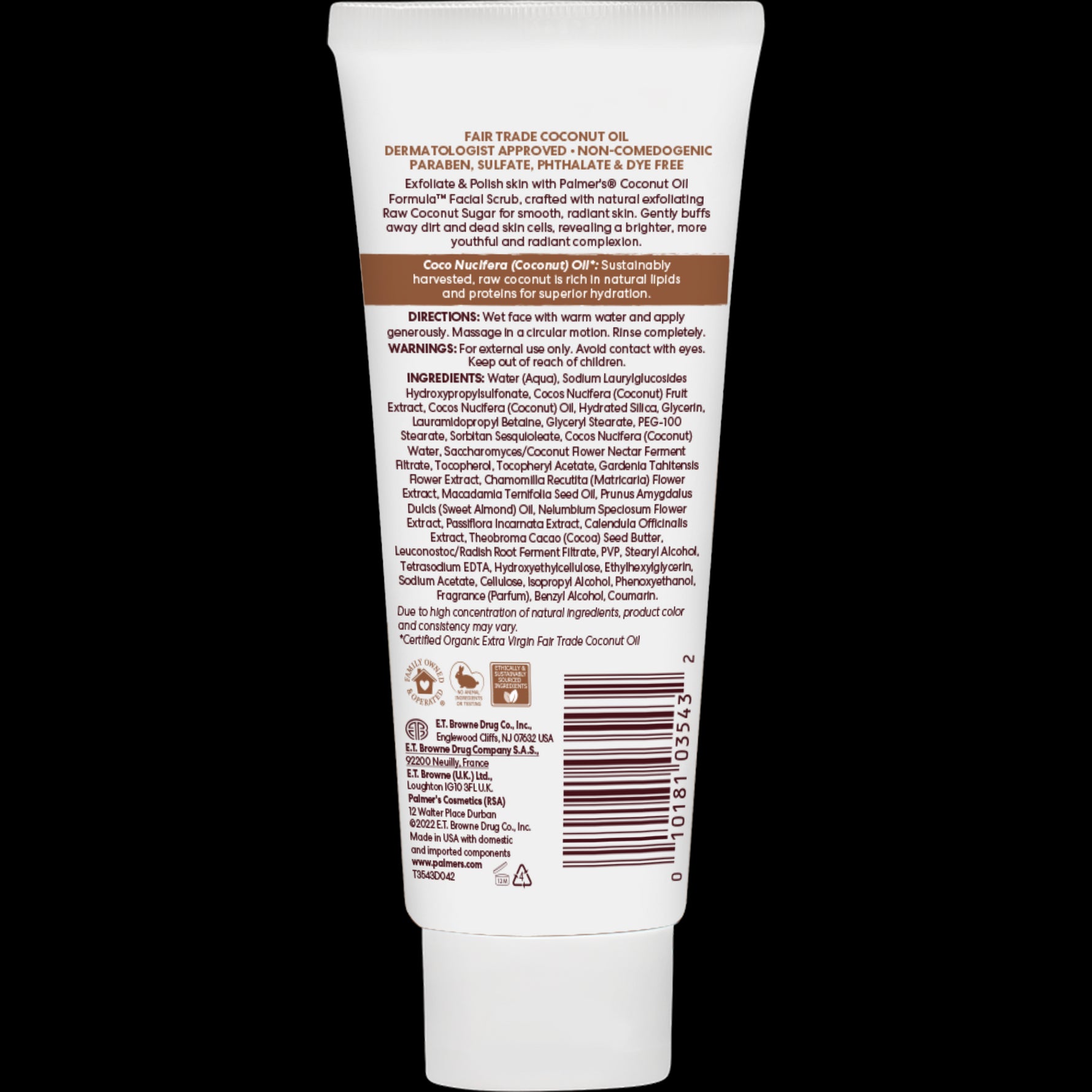 Back of Palmer’s Coconut Sugar Facial Scrub tube with product details visible.