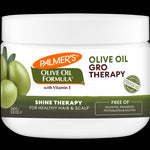 Palmer's Olive Oil Gro Therapy jar with shine treatment details.