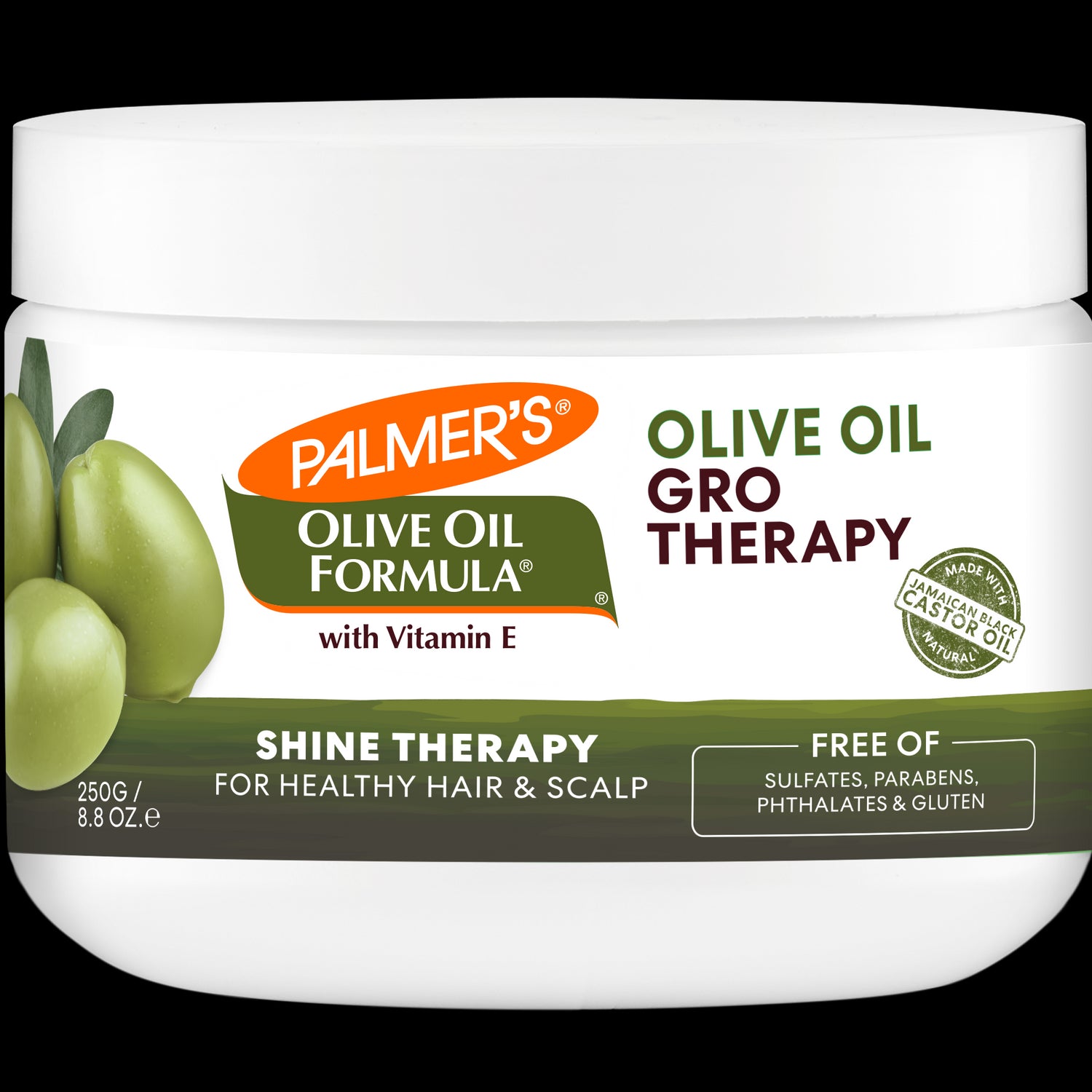 Palmer's Olive Oil Gro Therapy jar with shine treatment details.