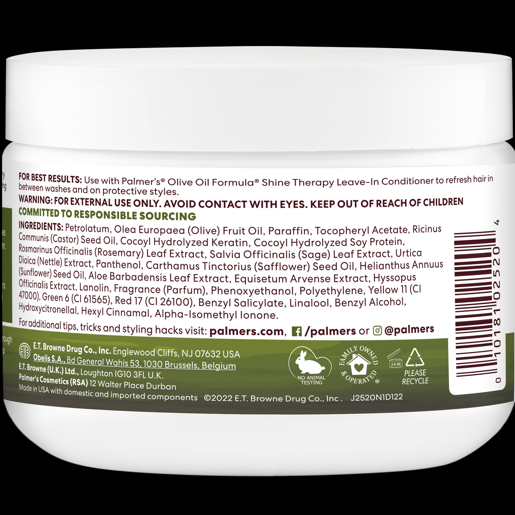 Palmer’s Olive Oil Gro Therapy hair treatment back label instructions.