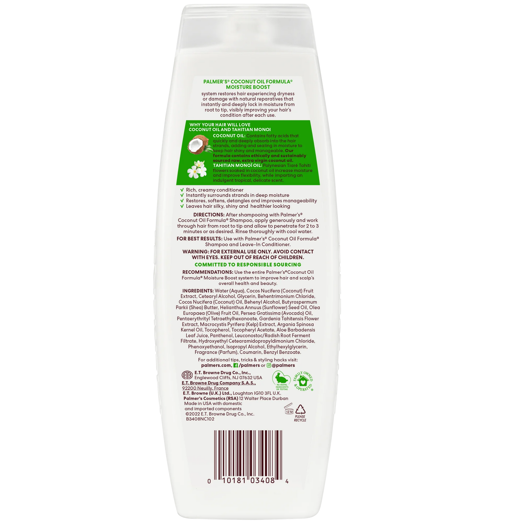 Back of a Palmer's Coconut Oil Formula product packaging with text and branding.