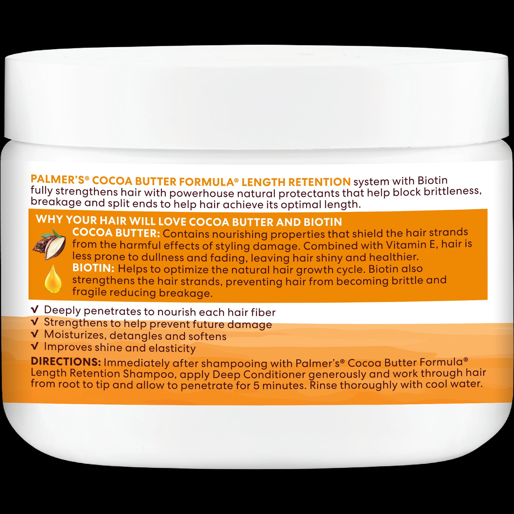 Cocoa Butter Deep Conditioner label detailing hair strengthening benefits.