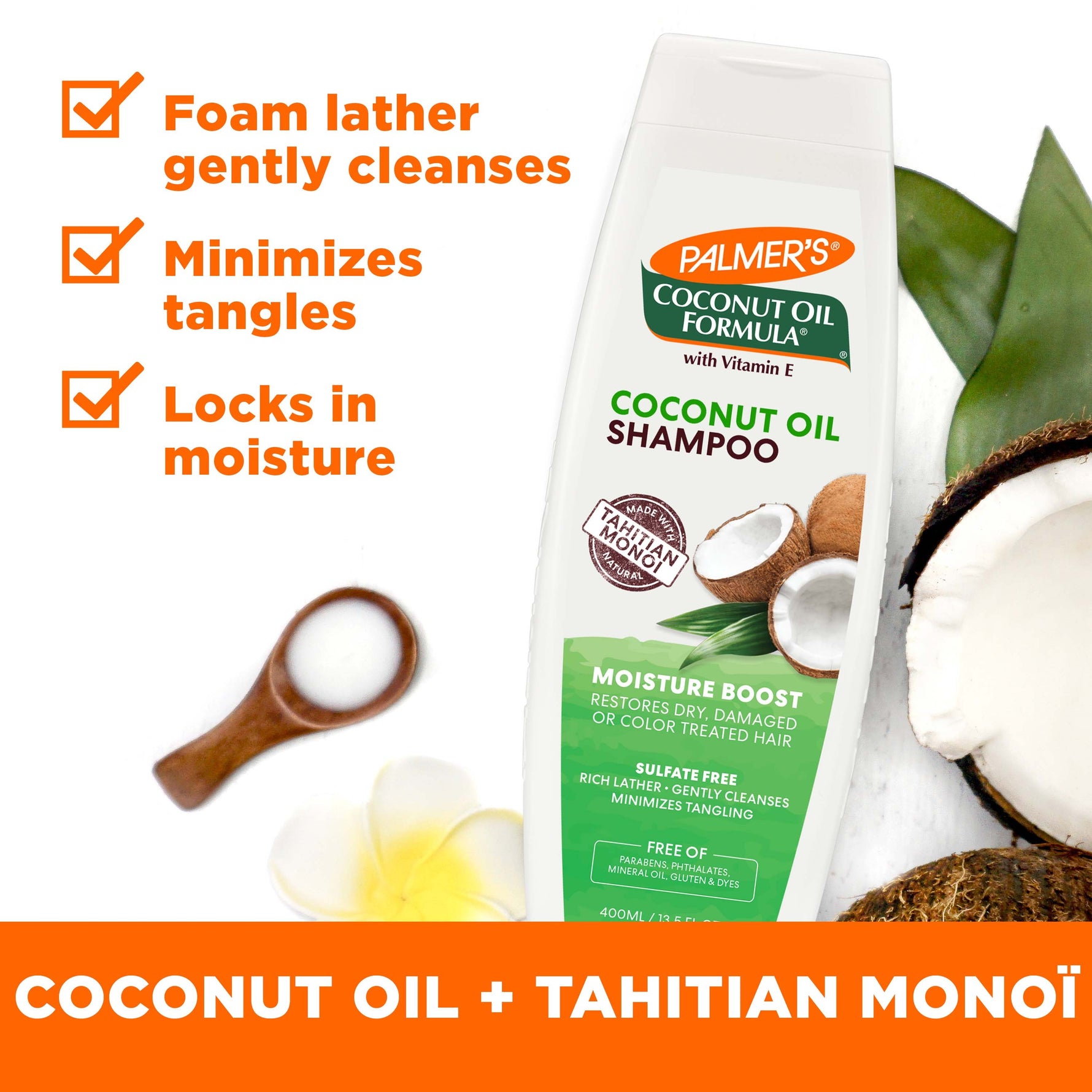 Palmer's Coconut Oil Shampoo bottle with moisture-boosting benefits highlighted.